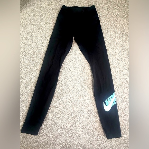 Women’s like new black baby blue Nike logo cotton leggings XS XXS swoosh - Picture 1 of 6